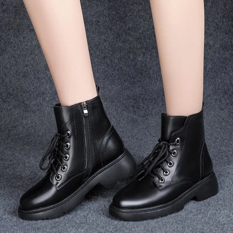 2022 New Arrival Women Black Booties Mid-heel Fashion Ladies Soft Leather Ankle Boots Autumn Winter Female British Boots Girls
