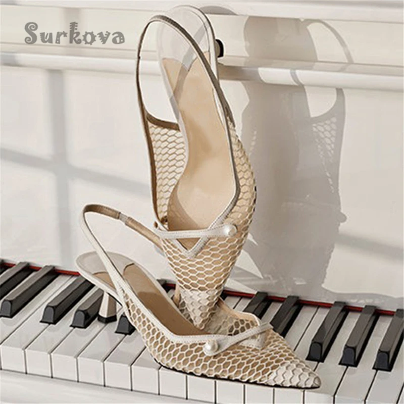 Mesh Pearl Ankle Wrap Sandals 2023 Summer Pointed Toe Kitten Heel Back Strap Pumps Fashion Bling High Heels Office Wedding Shoes