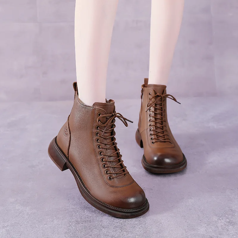 

Ankle Boots Women Genuine Leather Lace-Up Side Zipper Top Quality Autumn Winter Lady Platform Shoes Handmade Zapatos De Mujer