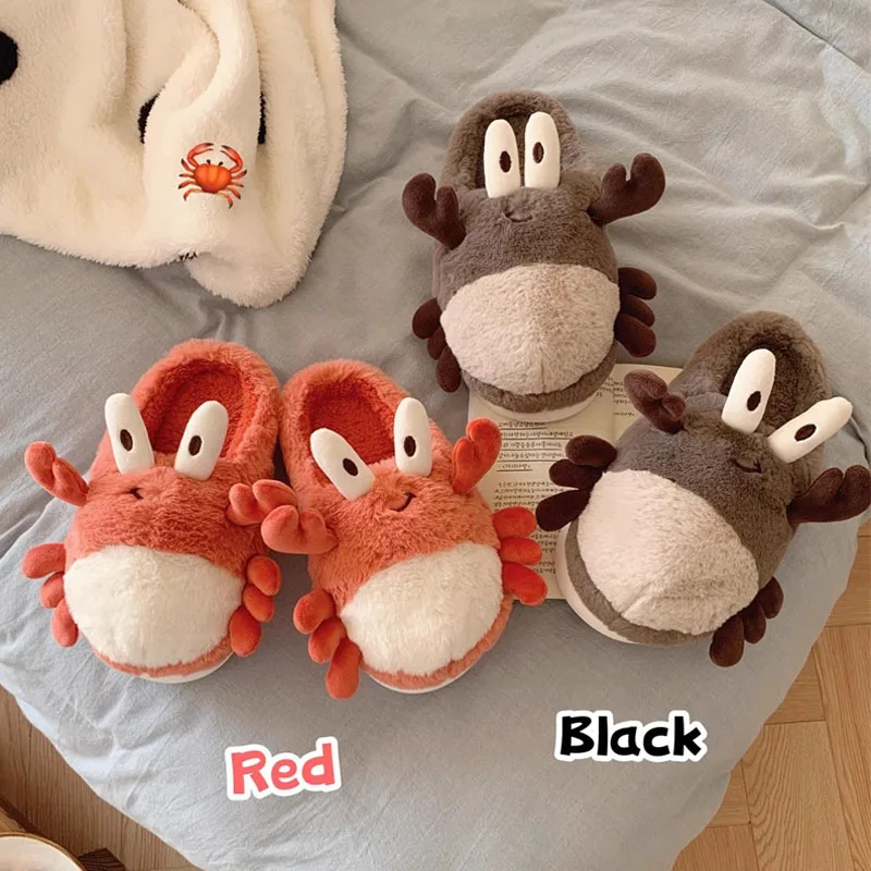 

Funny Cute Crab Fluffy Fur Slippers Women Winter Warm Closed Plush Home Slippers Cartoon Cotton Shoes Animal Foam Slides Gifts