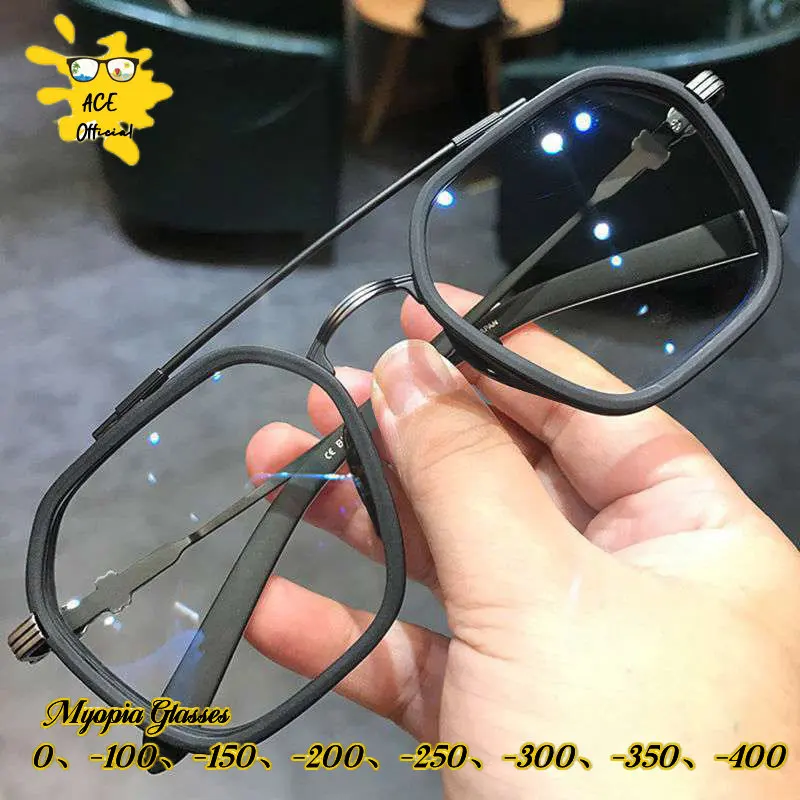 

Retro Fashion Double Beam Square Myopia Glasses Luxury Men Women Anti Blue Light Transparent Finish Prescription Eyewear -1.0