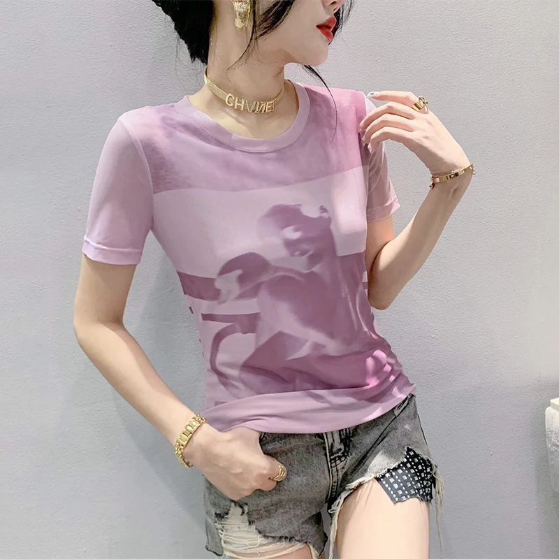 Летняя одежда Ozhouzhan новая модная футболка с принтом Женский облегающий топ