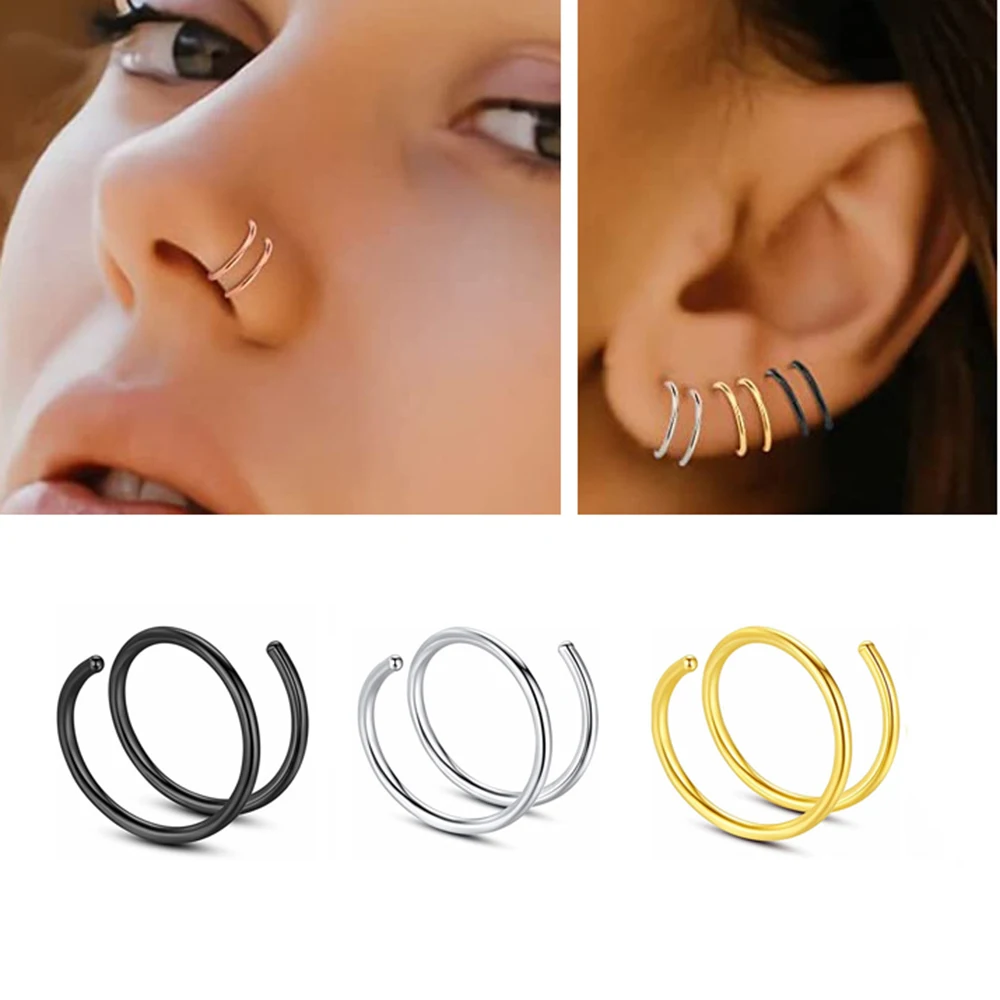 2/5Pcs/Pack Stainless Steel Double Layers Nose Ring Piercing For Women Men Ear Tragus Earrings Lip Hoop Fashion Jewelry 20G