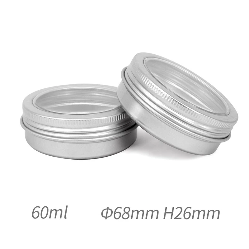 100Pcs 60g 2Oz Aluminum Tin Jar Refillable Containers Clear Top Screw Lid Round Bottle For Cosmetic ,Lip Balm, Cream