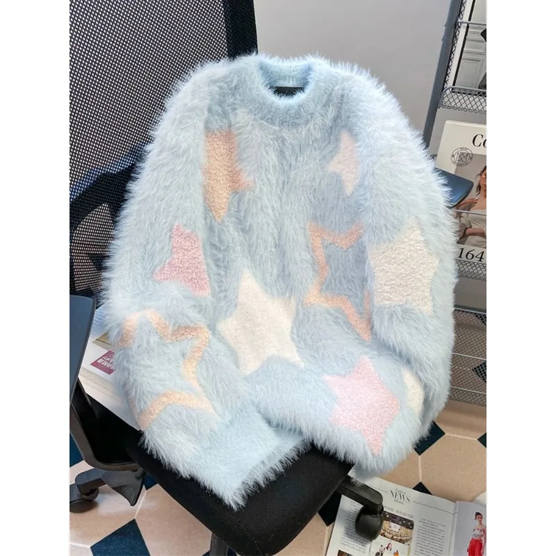 Шикарные синие свитера со звездным принтом женские кашемировые пуловеры из