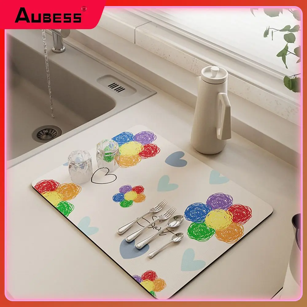 

Diatom Mud Absorbent Pad Small Fresh Style Soft Bowl Drying Mat Quick-drying Durable Cup Drain Pad 30×40cm Rainbow Flower 1pc