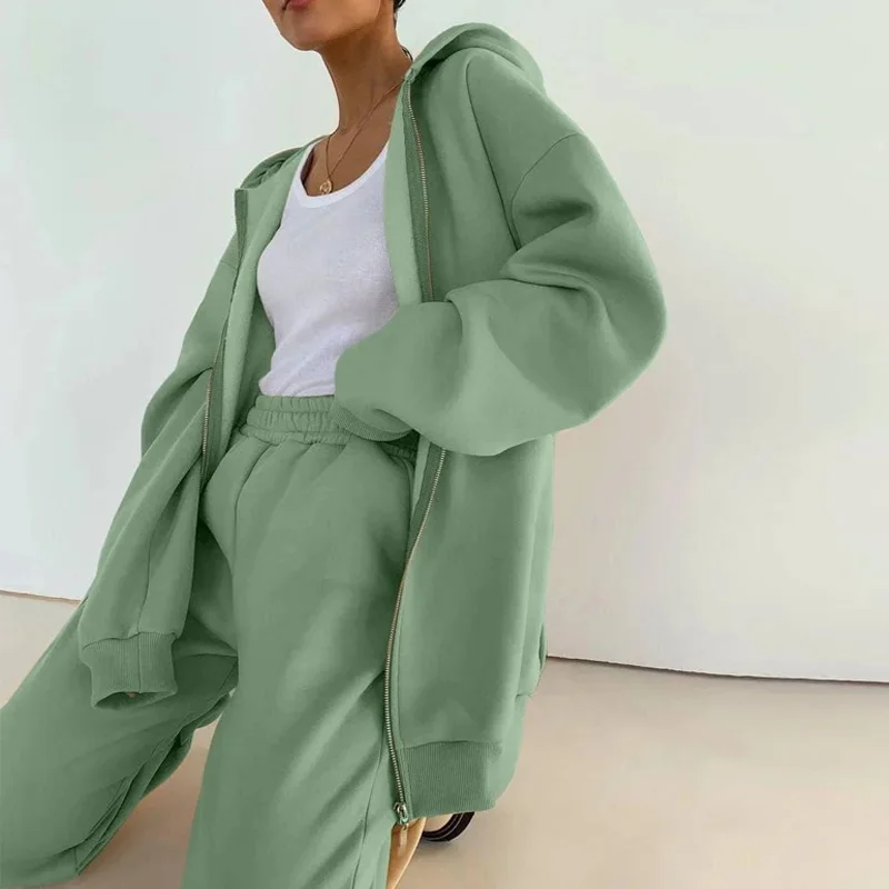 

Women Loose Solid Color Tracksuit Two Piece Set Autumn Simple Outfits 2022 New Casual Zipper Hooded Sweatshirt+Long Pants Suits