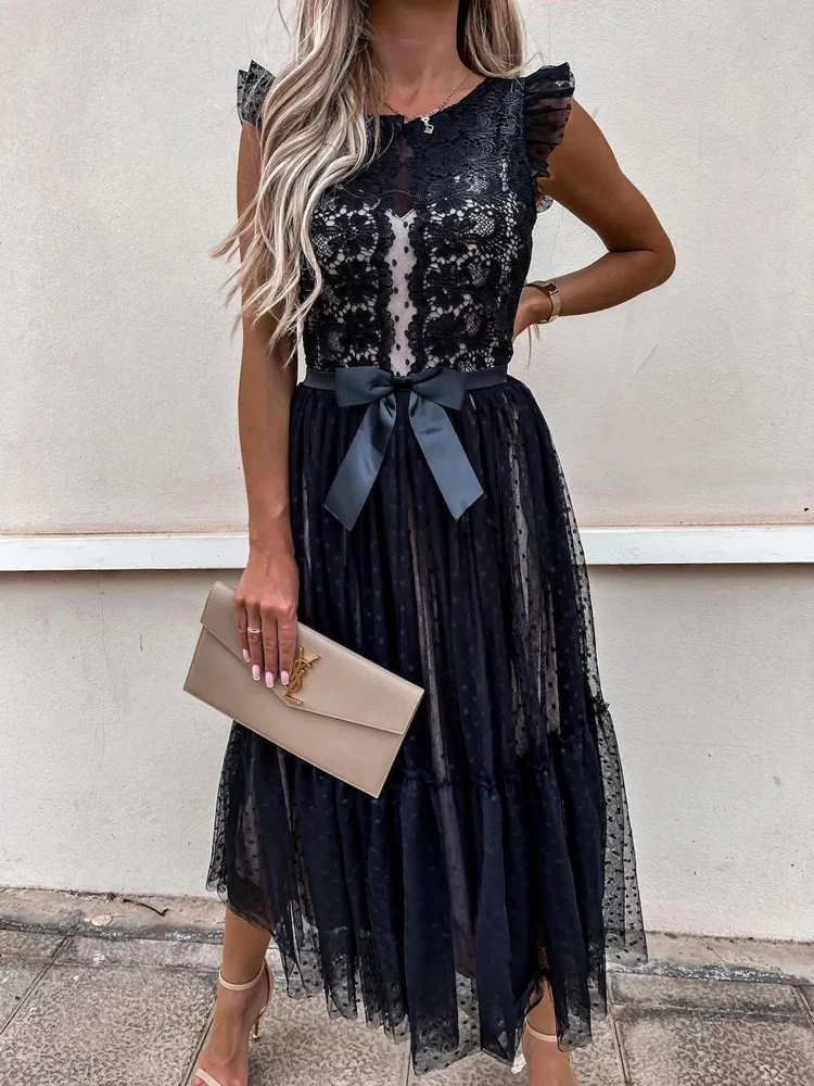 

Lace Patchwork Party Dress Women 2022 Summer Sleeveless High Waist Office Lady Elegant White Midi Dresses Vestidos De Fiesta