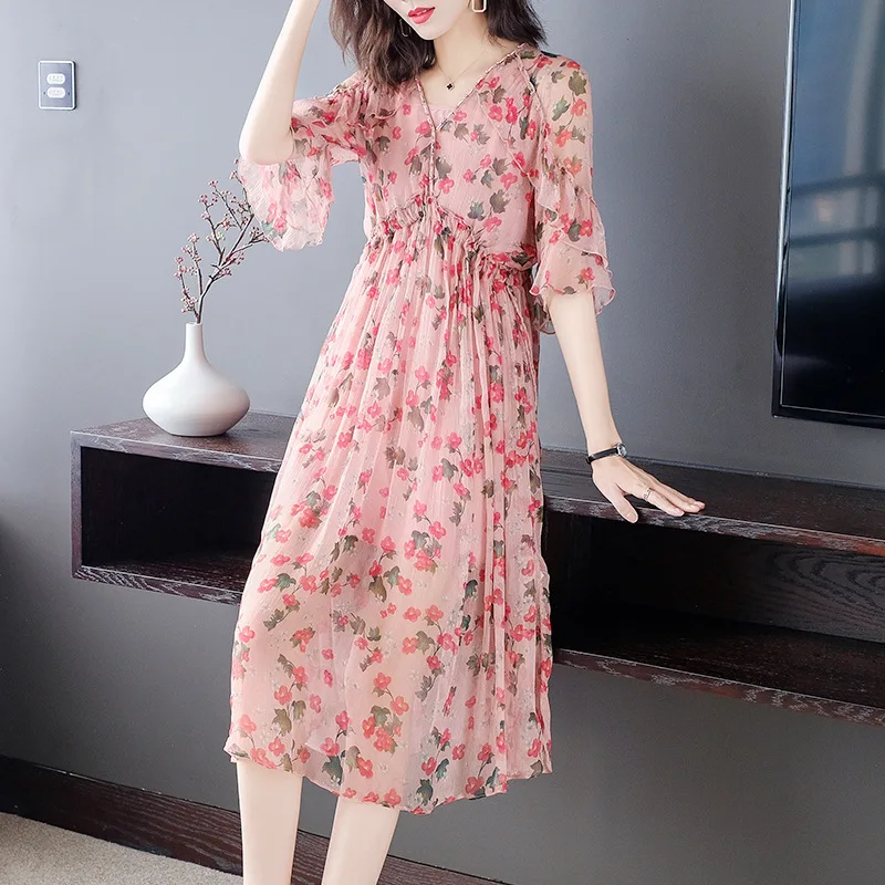 

2022 Summer New Mulberry Silk French Floral Skirt High-end Women's Silk Fairy Dress Thin