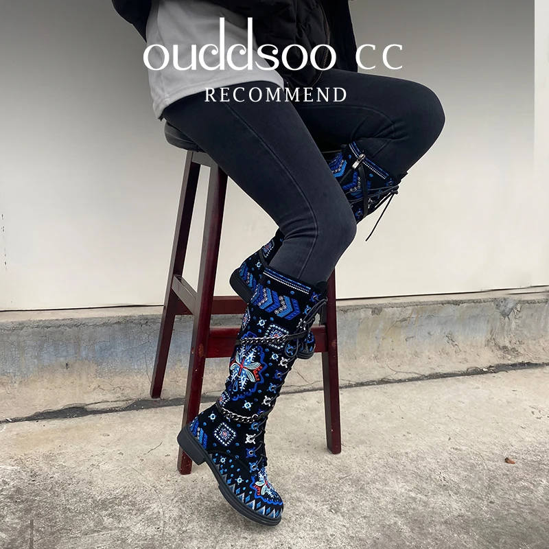 ODS Ethnic Knee High Boots Embroidery Floral Genuine Leather Chunky Long Heel Zipper Botas Mujer Autumn Winter Womens Lady Shoes