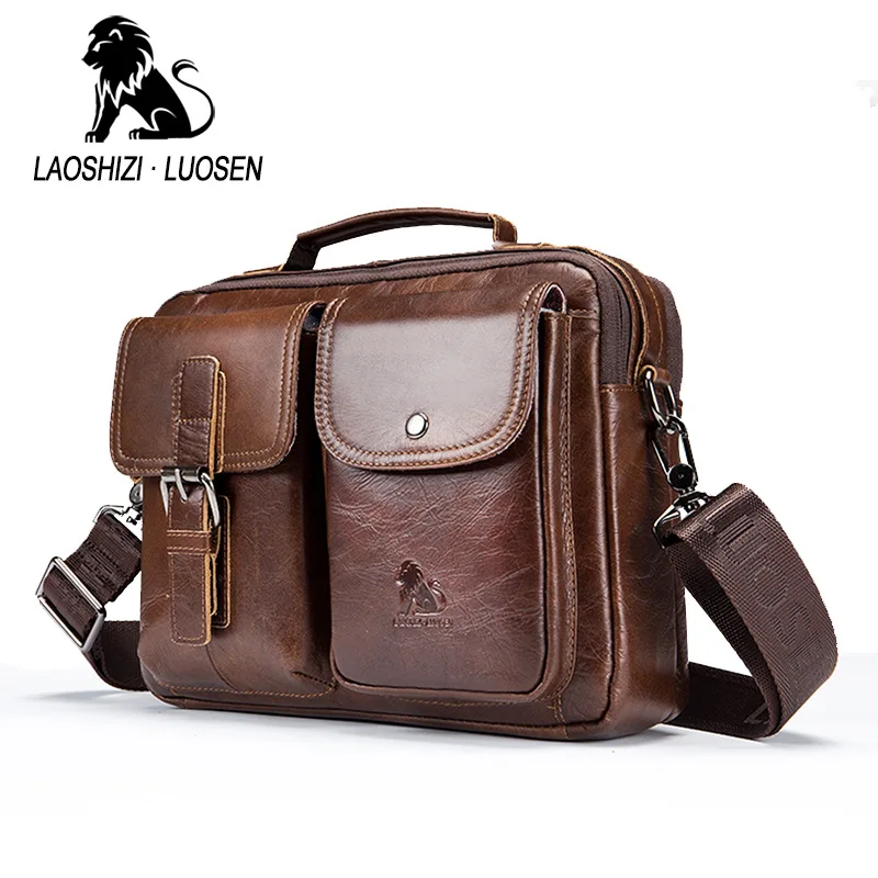 

LAOSHIZI Vintage Men Genuine Leather Briefcase Shoulder Bag Soft Cowhide Messenger Bag Male Handbags Business Casual Tote
