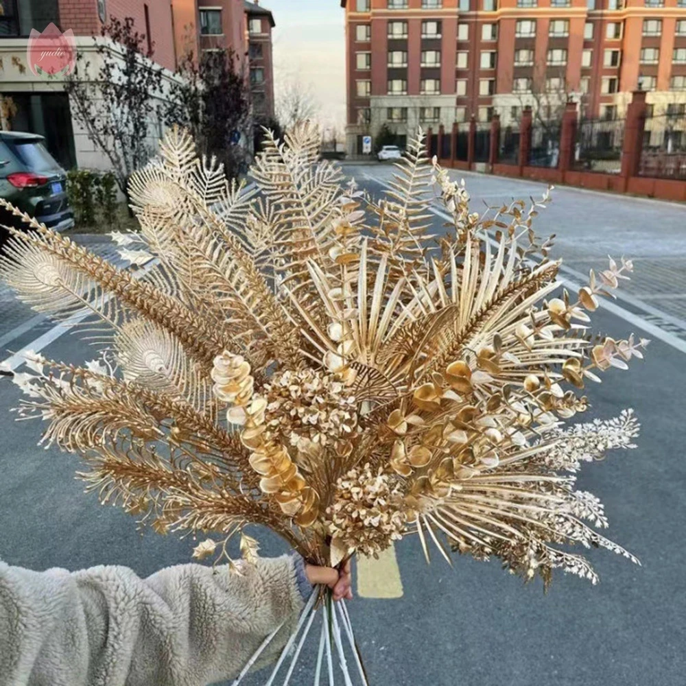 1 шт. Золотой искусственный цветок падуба гинкго листья эвкалипта растения