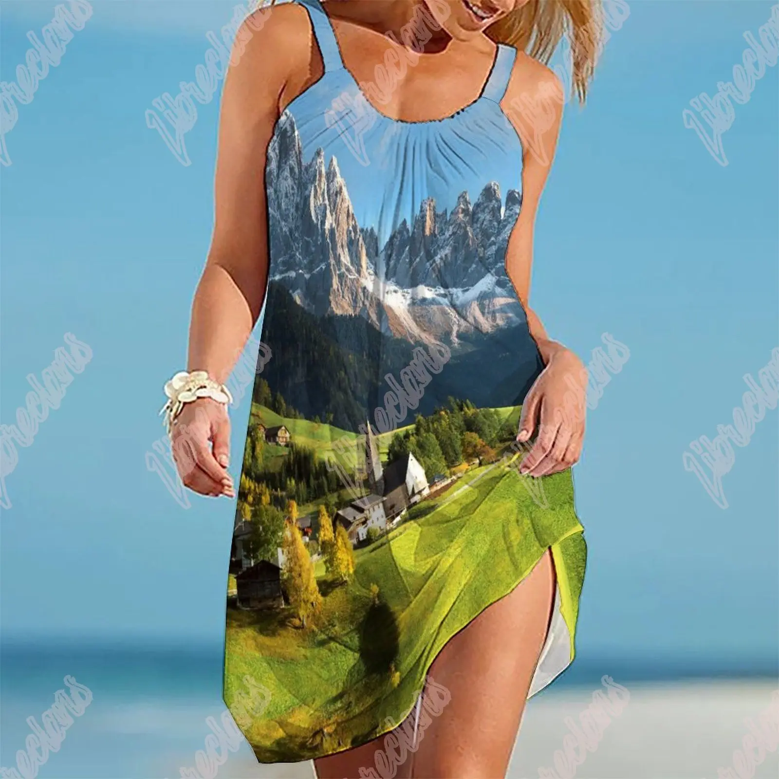 

Красочные мини-платья с 3D-принтом и графическим принтом, женская пляжная одежда, градиентная лямка через шею, сексуальная узкая пляжная юбк...