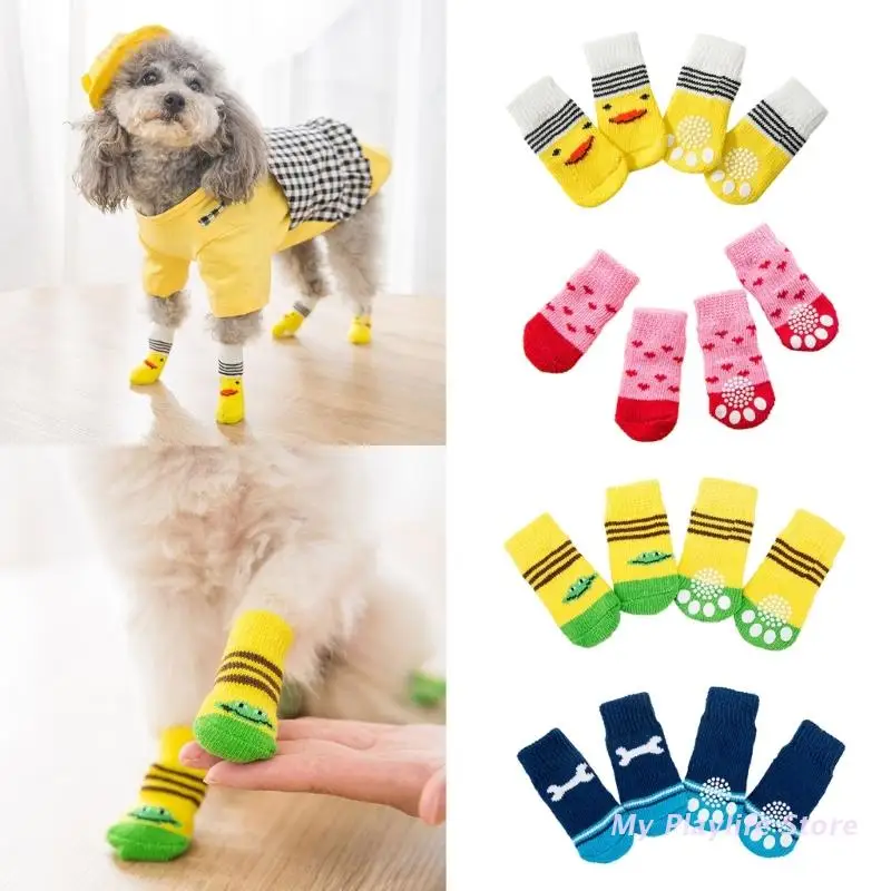 

Зимние теплые нескользящие носки для домашних животных, 4 шт., носки для маленьких кошек и собак, вязаные носки для чихуахуа, толстые Защитны...