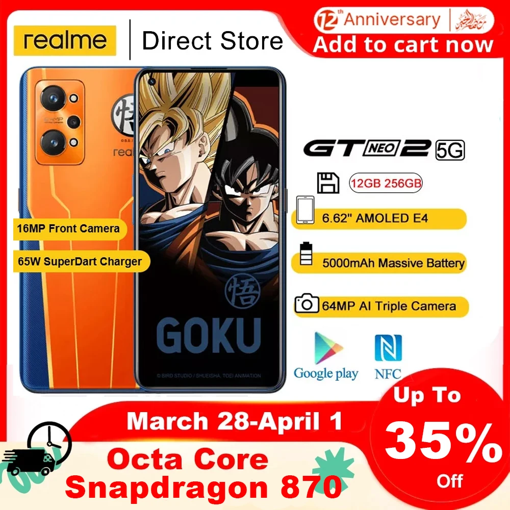 Realme GT Neo 2 5G Mobiel Phones NFC 6.62&quot FHD+ Snapdragon 870 Octa Core 64MP 65W SuperDart Charger 5000mAh Battery Smartphones |