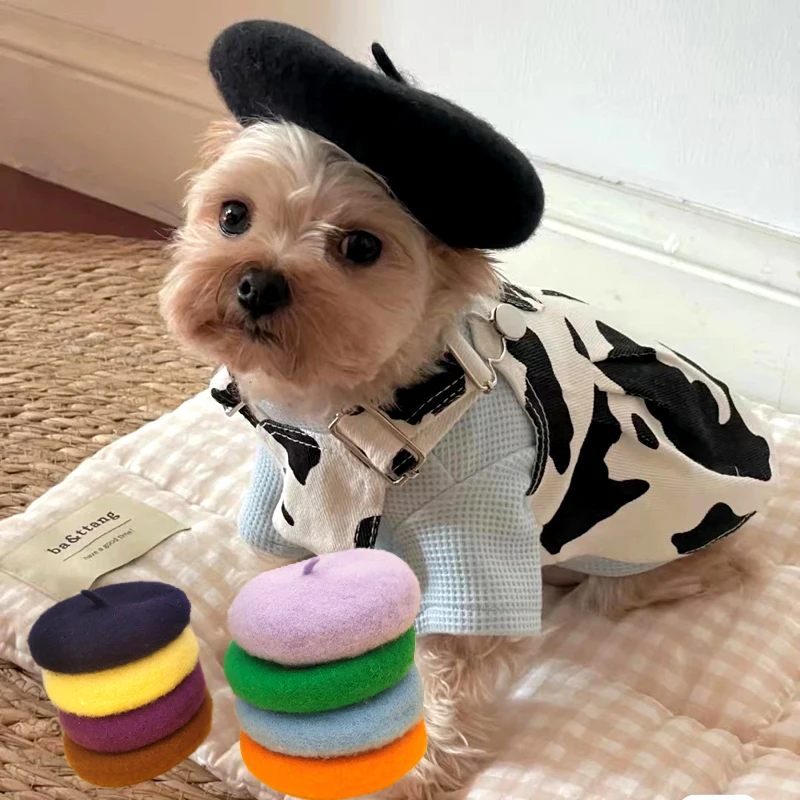 

Ins Solid Color Pet Hat Painter Wool Cap Dog Beret Mini Decorative Photo Headwear Cat Memorial Christmas Luxury Designer Hat