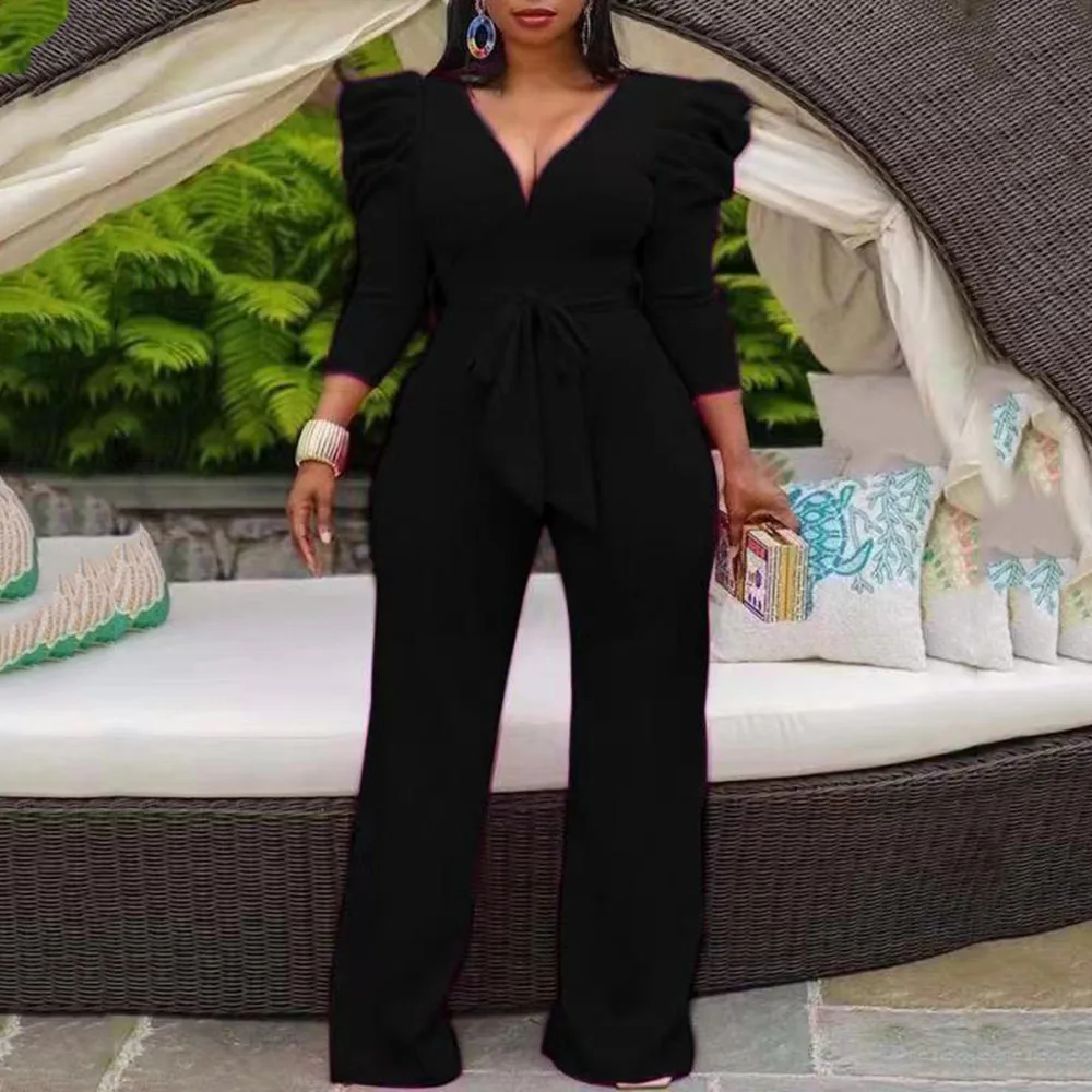 

Jumpsuits One Piece Women Plunging Neck High Waist African Long Wide Legs Rompers Female 2022 Summer Sashes Office Lady Workwear