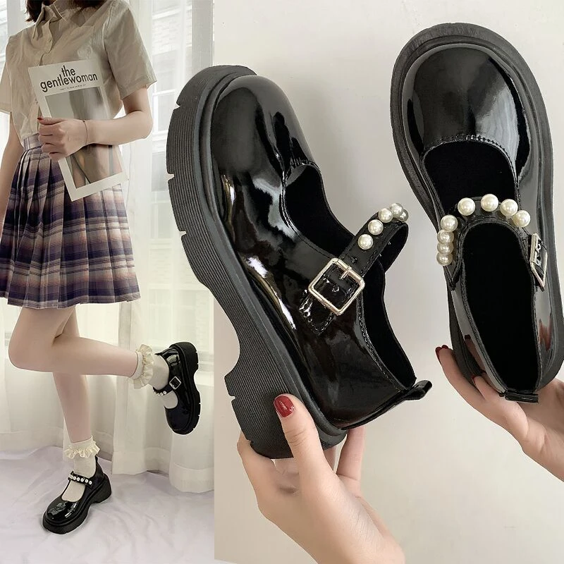 

Pu Leather Oxford Shoes for Women Pumps Pearl Metal Buckle Lolita Casual Shoes Woman Brogue Shoes Female Plus Size Zapatos Mujer