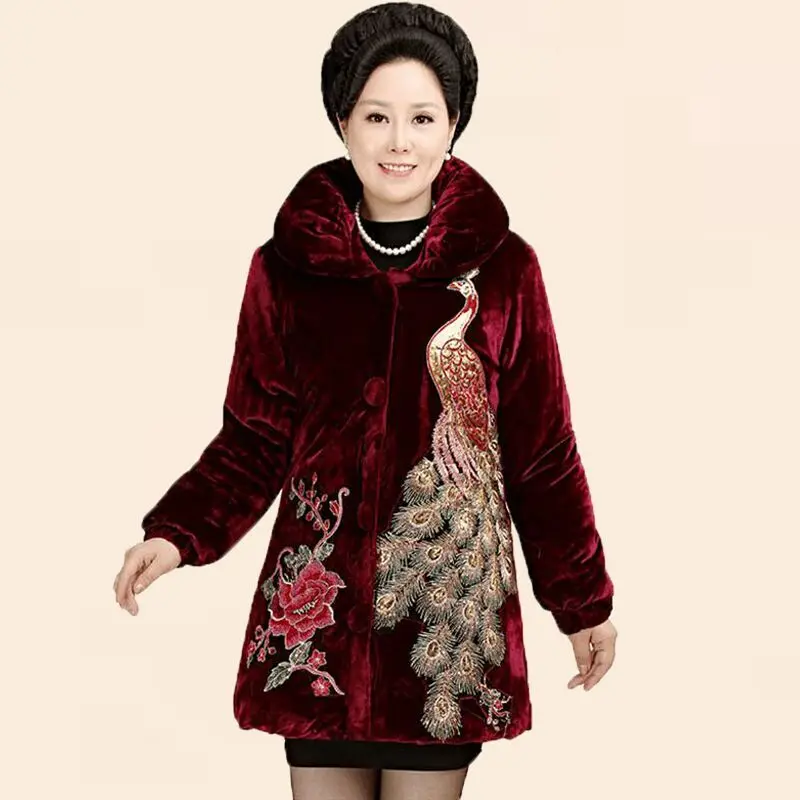 

2022 Women's Autumn Winter Long Cotton Padded Jackets Female Middle-aged Warm Coats Ladies Floral Embroidery Outerwear W460