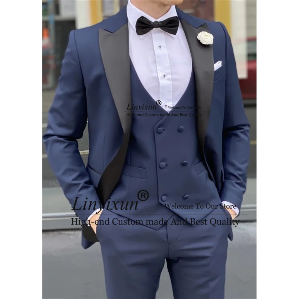 

Handsome Navy Blue Mens Suits Peak Lapel Wedding Groom Tuxedo Best Man Blazer Slim Fit Terno Masculino 3 Piece Jacket Vest Pants