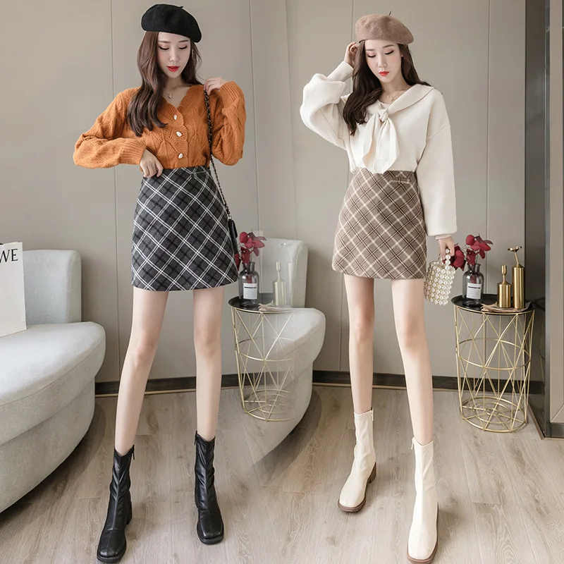 

Autumn Winter New Women Woolen Plaid Skirt Slim Straight High Waist Sexy Package Hip Skirt Design Sense Anti-glare Miniskirt