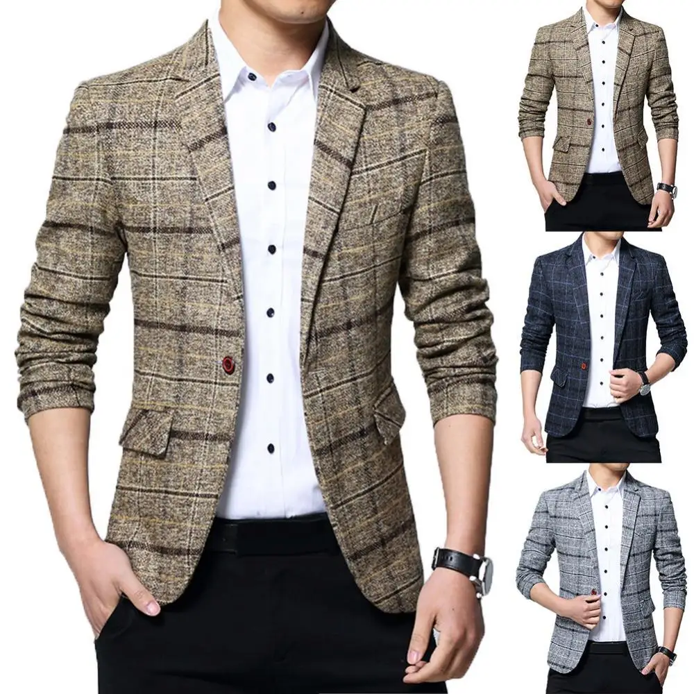 

Облегающий пиджак, деловой костюм, блейзер, мужской пиджак на одной пуговице, модный клетчатый деловой костюм с лацканами
