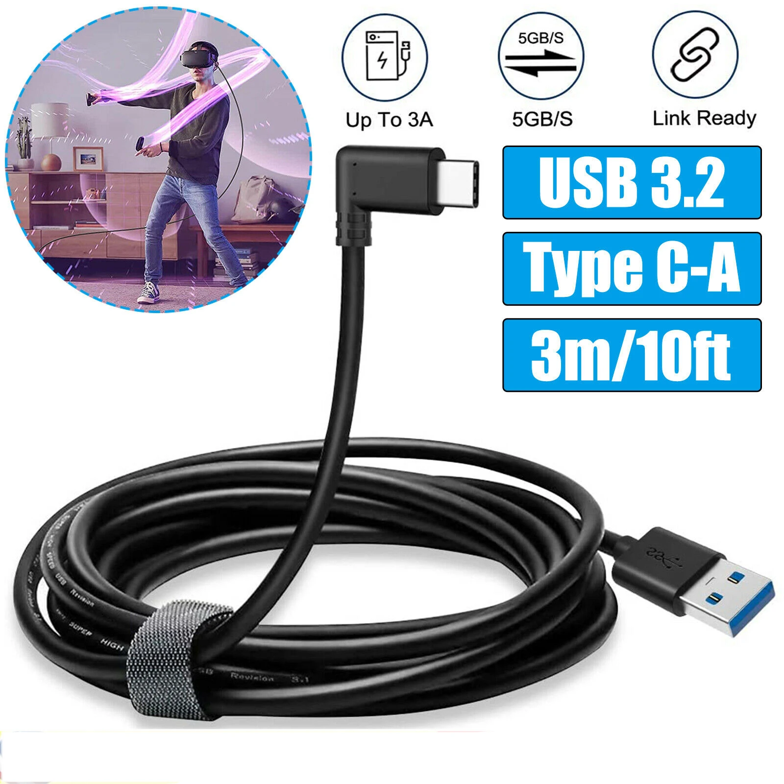 

USB 3.0 A To C Fast Charging High-Speed Data Transfer Compatible for VR Headset Gaming PC and Type C Charger Link Cable