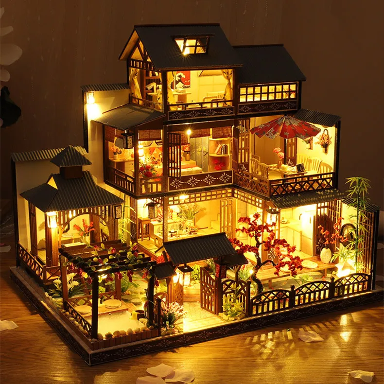 

DIY Dollhouse LED light Japanese antique architecture Wooden miniature doll house With Furniture Kit home decor christmas gift
