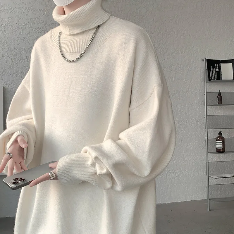 M-8XL мужские свитера с высоким воротником большого размера осень-зима однотонная