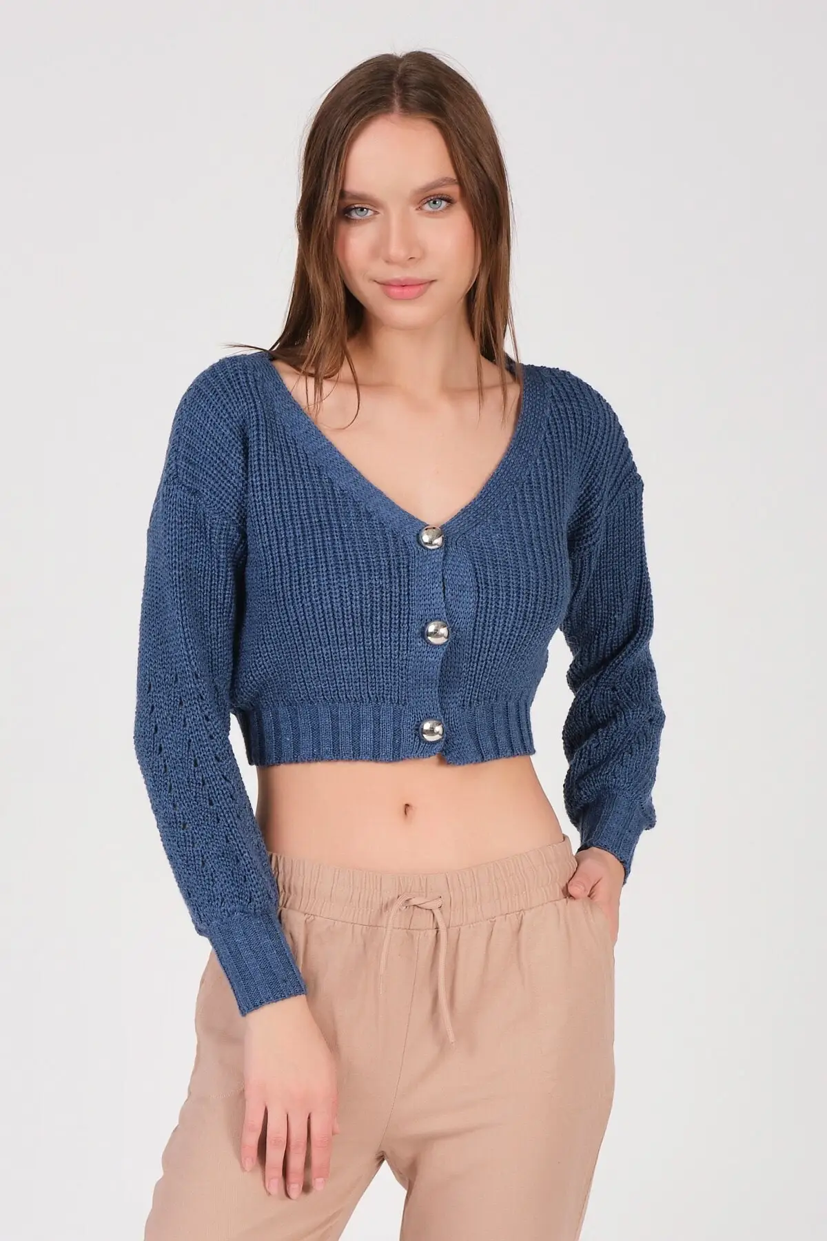 

Women's Cardigan Blue Sleeve Detailed Crop Casual Knitted Quality Fashion Cardigan Sweaters Loose Sweater Sweater Jumper