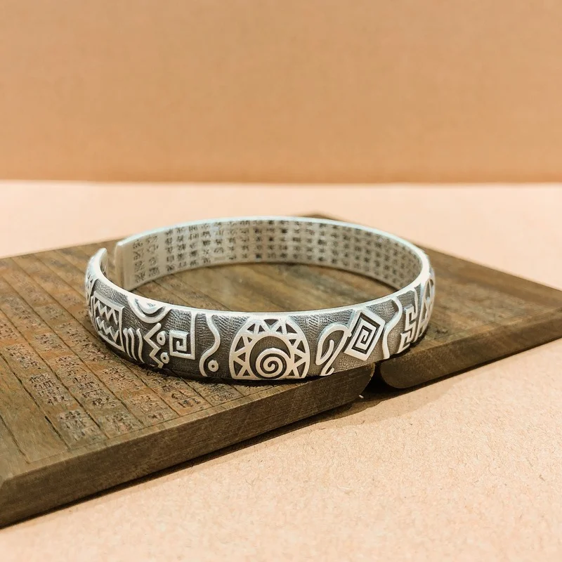 Bracelet for Women Vintage High Relief Characteristic National Rune Prajnaparamita Heart Sutra Sterling Silver Bracelet