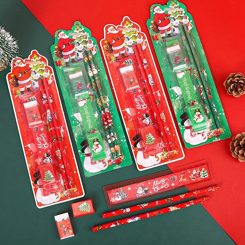 

5pcs/set Christmas Series Kids Stationery Students Ruler Pencil Eraser Pencil Sharpener Kit School Rewards Supplies Wholesale