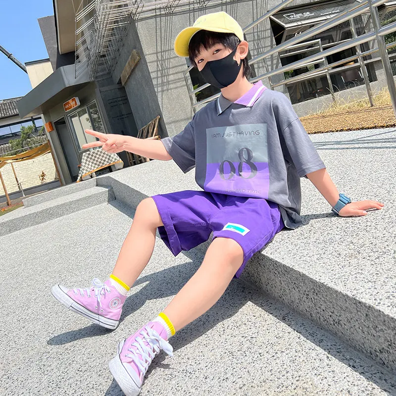 Teen Boys Summer Clothing Suit Letter T-Shirt+Shorts Korean Two Piece Casual Loose Hot Sale For Kids Tracksuit 5 To 14Years Old