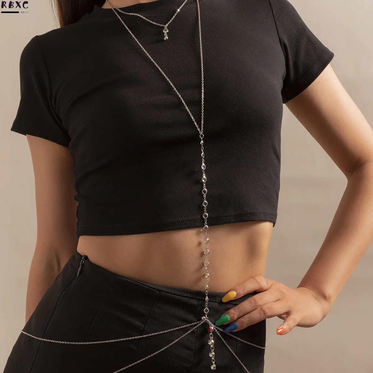 

RBxc Jewelry sexy simple one-piece navel waist chain exaggerated geometric chain Rhinestone body chain