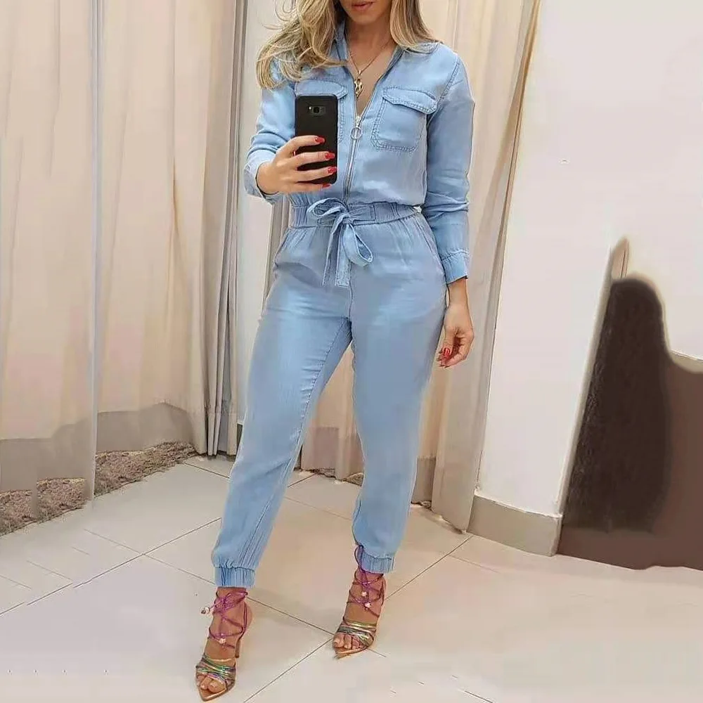 

2022 Spring and Autumn New Casual Trousers Women's, Fashionable Blue Zipper Jumpsuit
