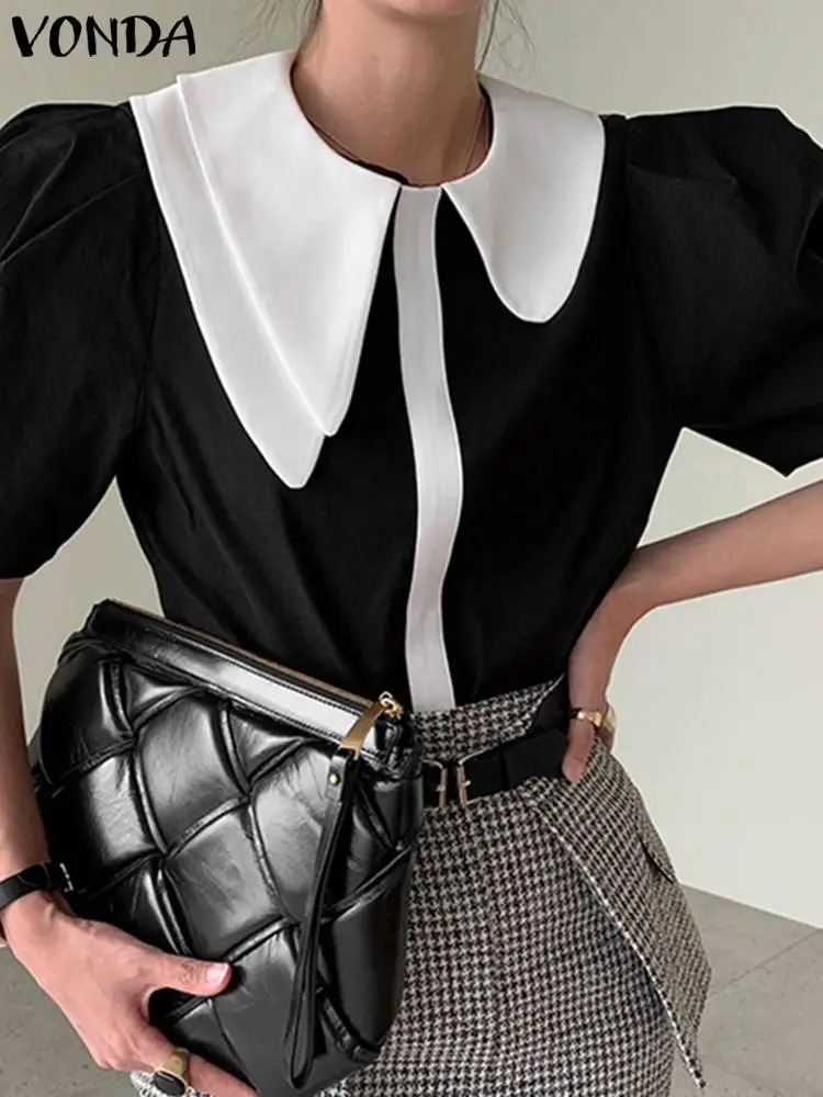 

Casual Baggy Pleated Tops Women's Blouse Fashion Short Sleeve Doll Collar Blouse VONDA 2022 Blusas Femininas Oversized Shirts