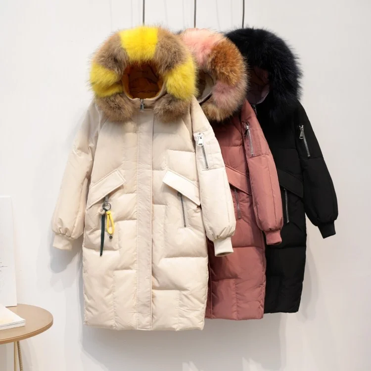 

Бесплатная доставка, 2019 модная женская куртка на 80% утином пуху, Женское зимнее теплое длинное пальто, меховой воротник, качественная Свободная верхняя одежда, плотная одежда