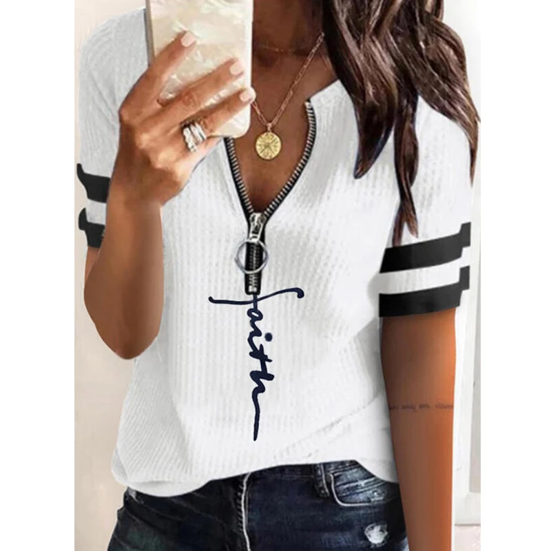 

5XL Plus Size V-neck Letter Printed Short Sleeve Fashion Zipper Women's T-shirt Loose Top Casual All-match Short Sleeve T-shirt