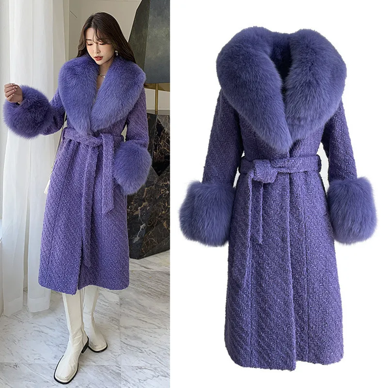 

TOP Quality 2022 winter new Fashion female Trend Luxurious Fox fur parka Women's Large real fur Long Tweed wool coat outerwear
