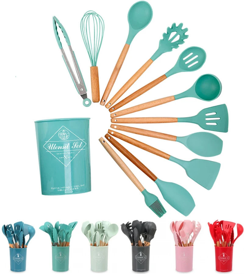 

12pcs Kitchen Utensils Set Wooden Handle Silicone Cooking Spatula, Soup Spoon Non Stick Pan，High Temperature Resistance