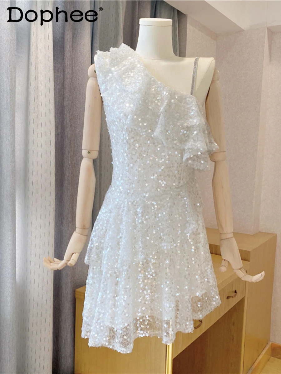 

High-End Ladies Mesh Sequined Ruffled Dress Women's Sexy Oblique Shoulder Slim Waist White Mini Dress 2022 New Summer Vestdios
