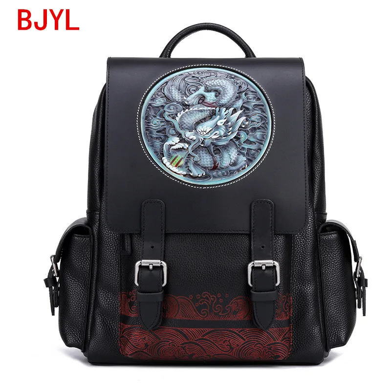 

2020 New Backpack College Large School Bags Cowhide Leather Carved Dragon Tiger Travel Men's Handmade Leather Cow Leather