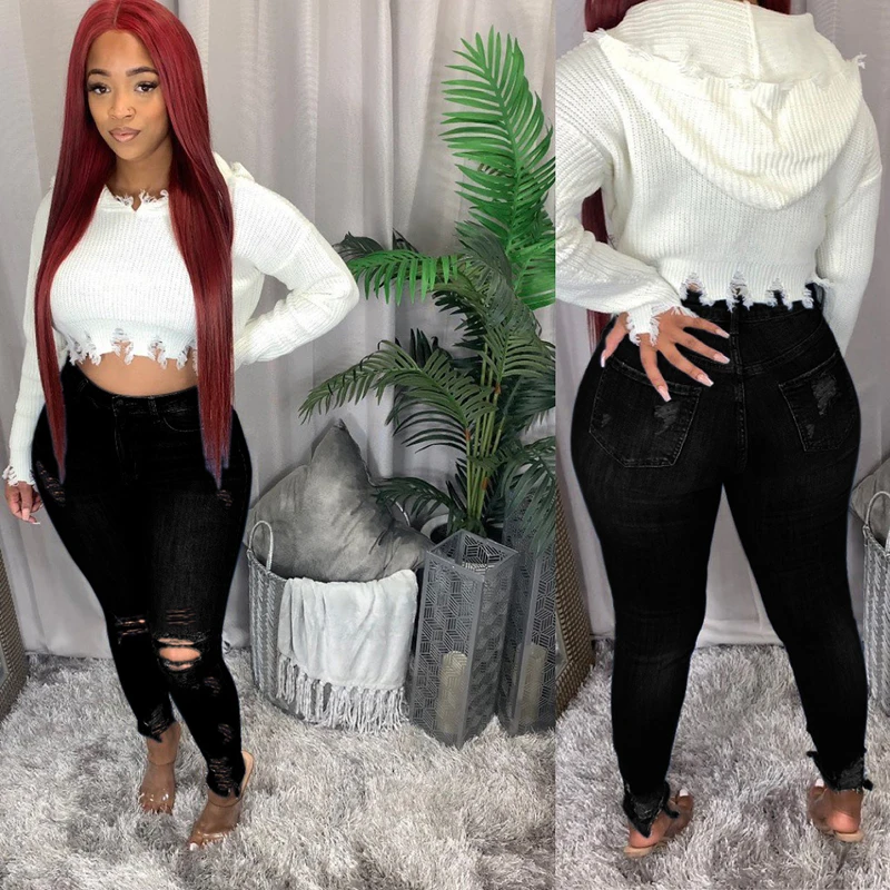 Sexy Light Blue Ripped Jeans for Women Street Style Mid Rise Distressed Trouser Stretch Skinny Hole Denim Pencil Plus Size Pants