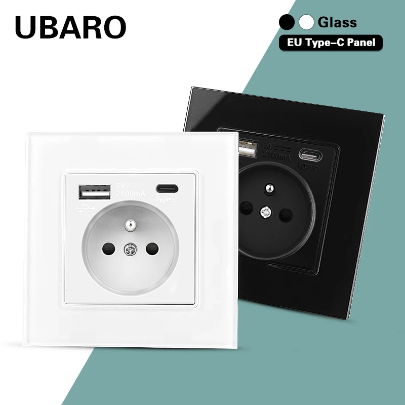 

UBARO French Standard 86*86mm TYPE C 5V 2100mA Wall Socket Tempered Glass Panel Power Electrical Outlet 250V 16A Prise