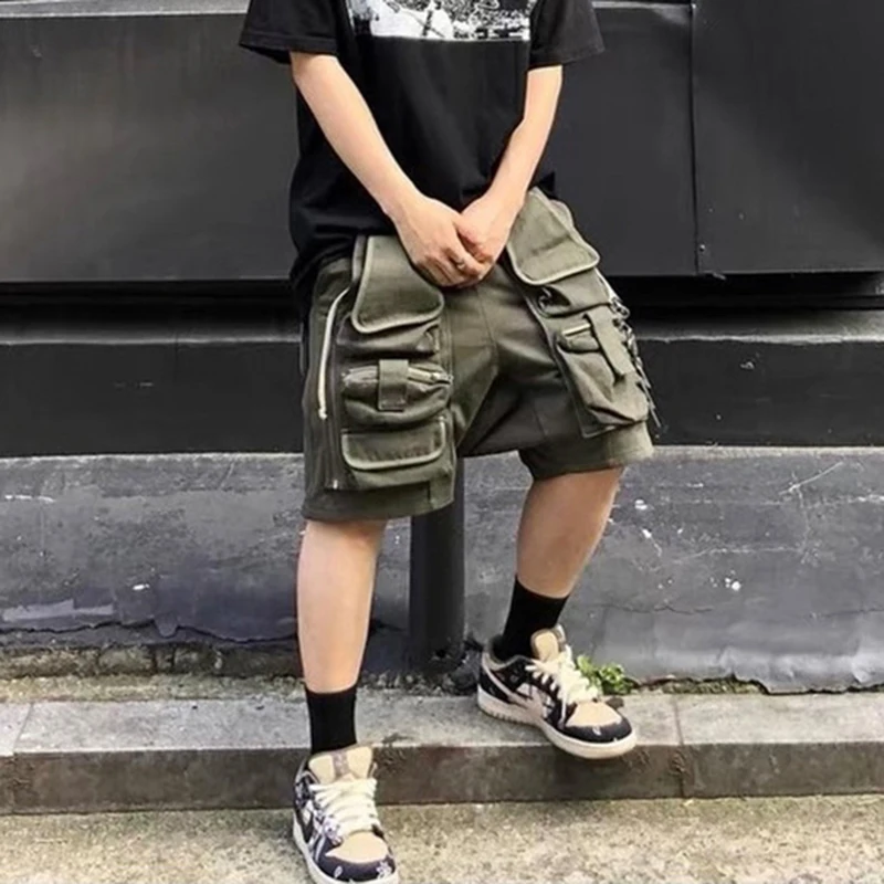 

High Street Vibe Style Multi-pockets Cargo Shorts for Men Retro Drawstring Loose Hip Hop Casual Summer Knee Length Pants