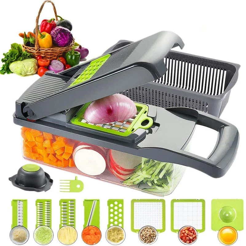 

Food Chopper Vegetable-Fruit-Cheese-Onion Chopper Slicer Dicer Tomato Cutter Grater 12 in 1 Veggie Chopper Spiralizer Salad Pota