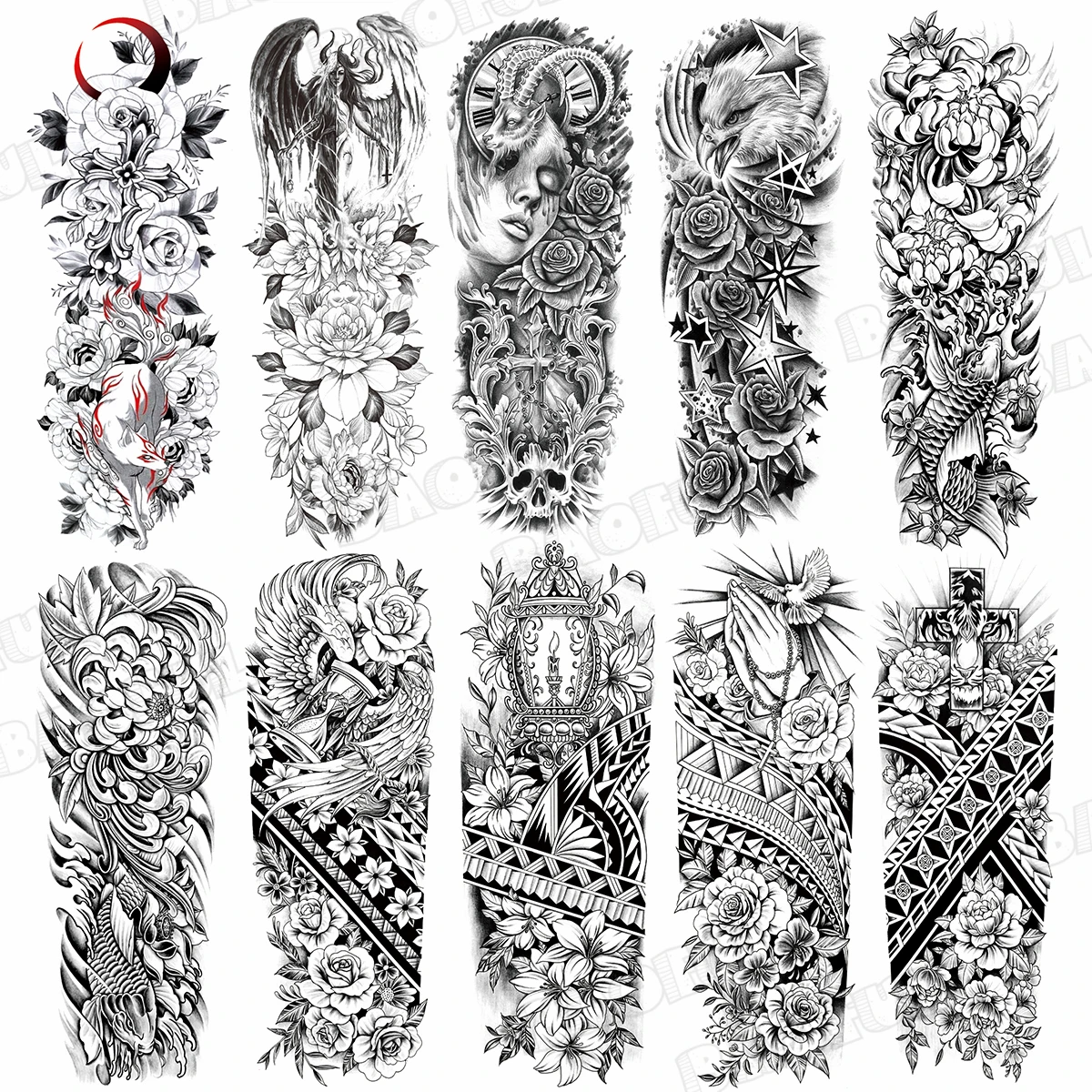 

Временные татуировки с полным рукавом для женщин, Реалистичные Цветы, тотем, крест, тигр, звезда, искусственная татуировка, наклейка, сексуа...