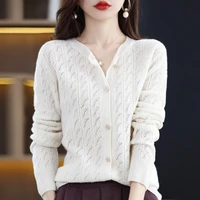 wool knitted sweater coat womens cardigan o neck long sleeve 22 spring and autumn chic hollow hook flower thin bottoming shirt