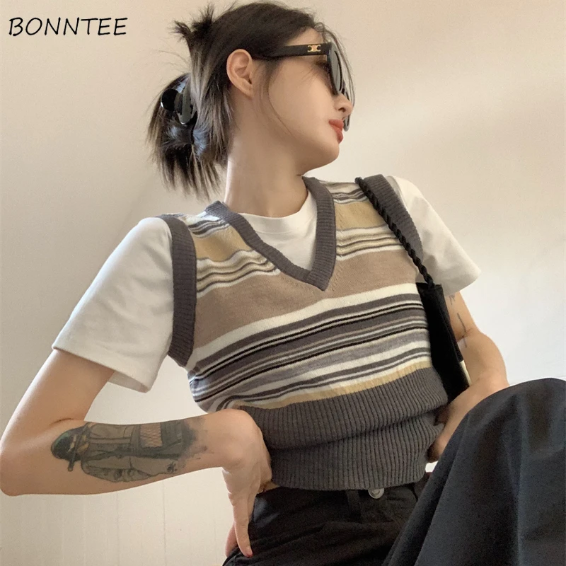 

Sweater Vests Women Retro Stretchy Sleeveless Sexy Girls Summer Chic Knit Simple High Street Femme BF Style Crops All-match Ins