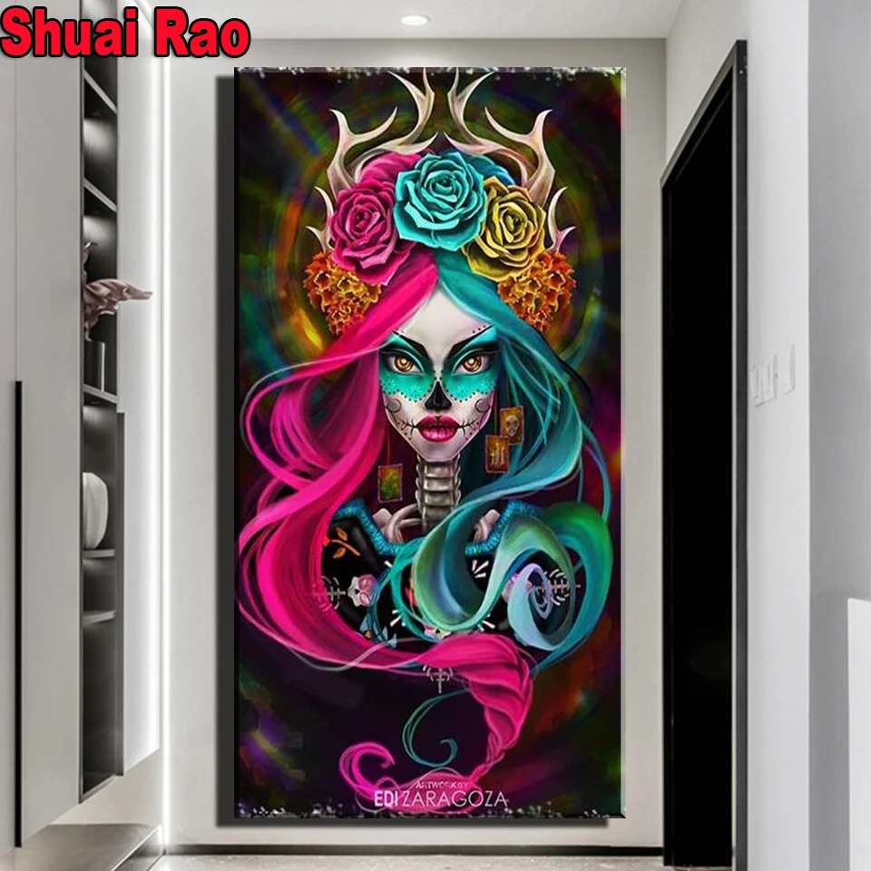 

5D алмазная вышивка, винтажная Женская картина с черепом, наборы для вышивки крестиком, большая мозаичная картина, украшение на Хэллоуин, под...